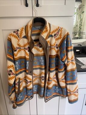 Simply Southern Cream & Blue Aztec Teddy Jacket with Tan Trim